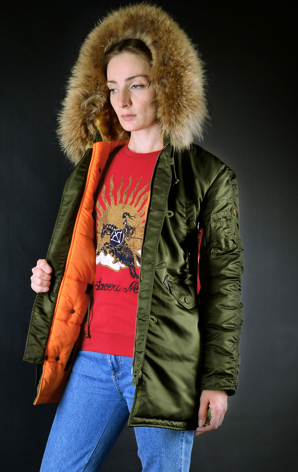 Женская аляска ALPHA INDUSTRIES N-3B VF 59 натур. мех dark green 