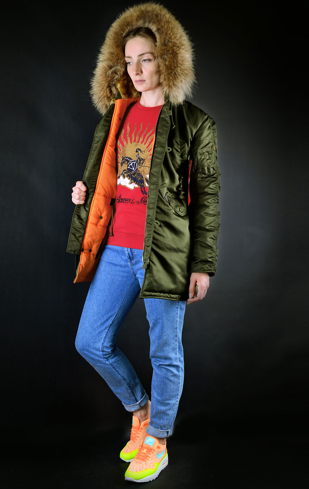 Женская аляска ALPHA INDUSTRIES N-3B VF 59 натур. мех dark green 
