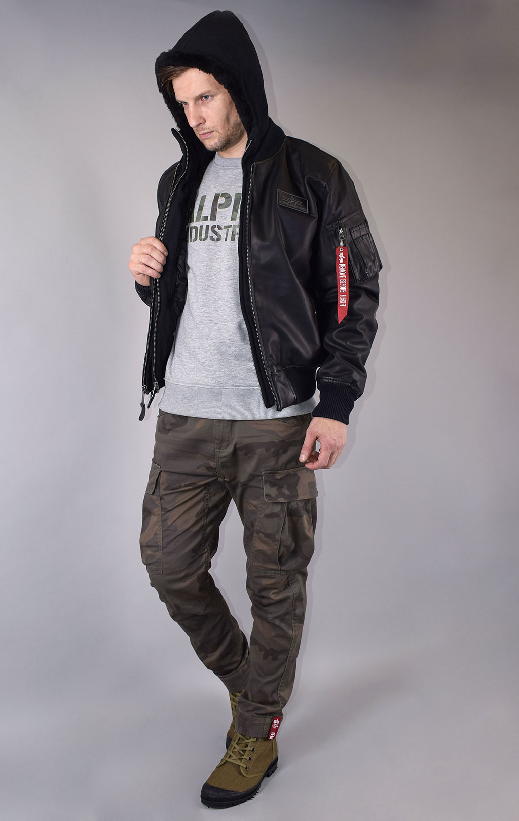 Куртка-бомбер лётная ALPHA INDUSTRIES MA-1 D-Tec FL экокожа black/black 