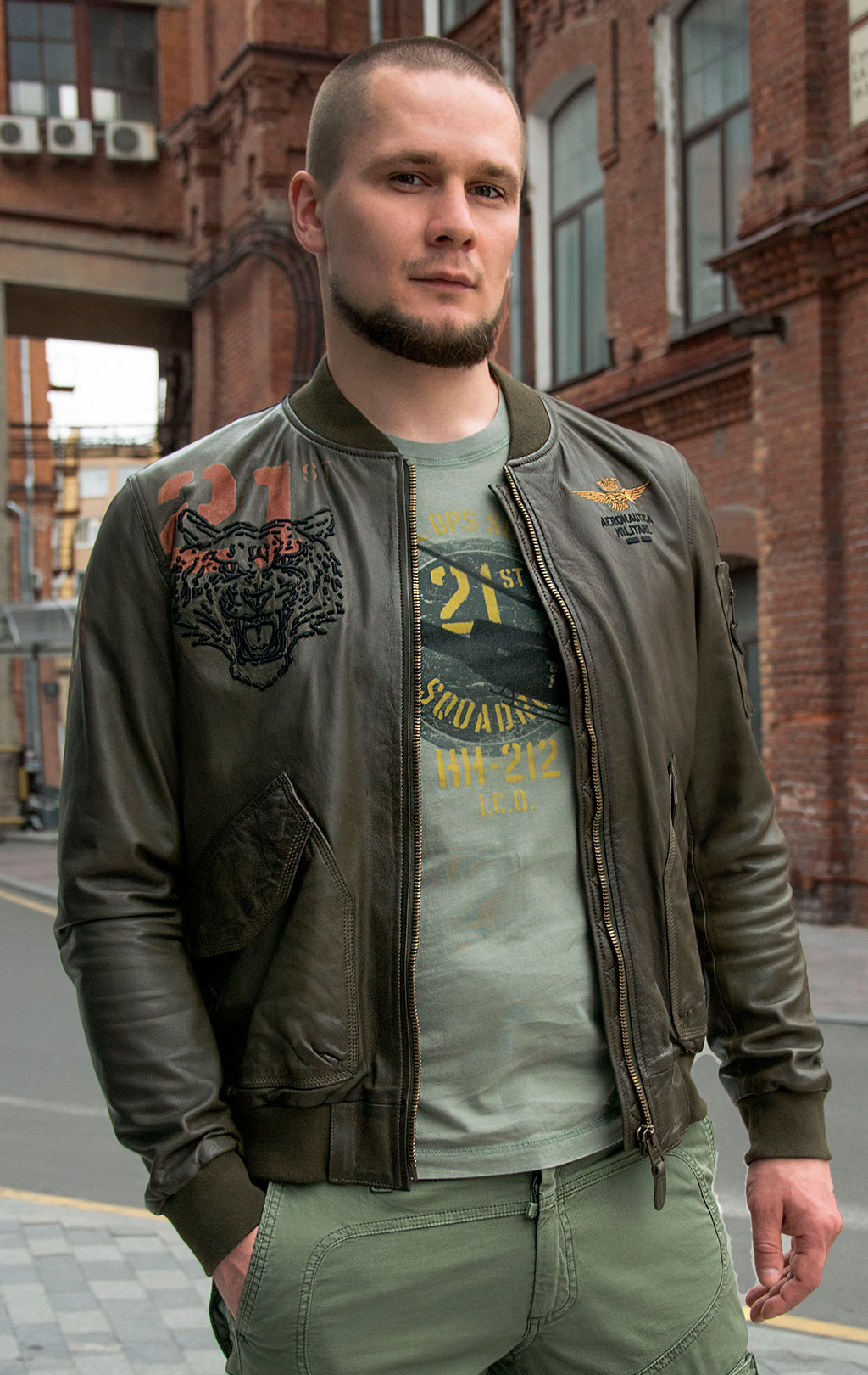 Бомбер AERONAUTICA MILITARE кожа SS 20/IT verde militare (PN 5009) 
