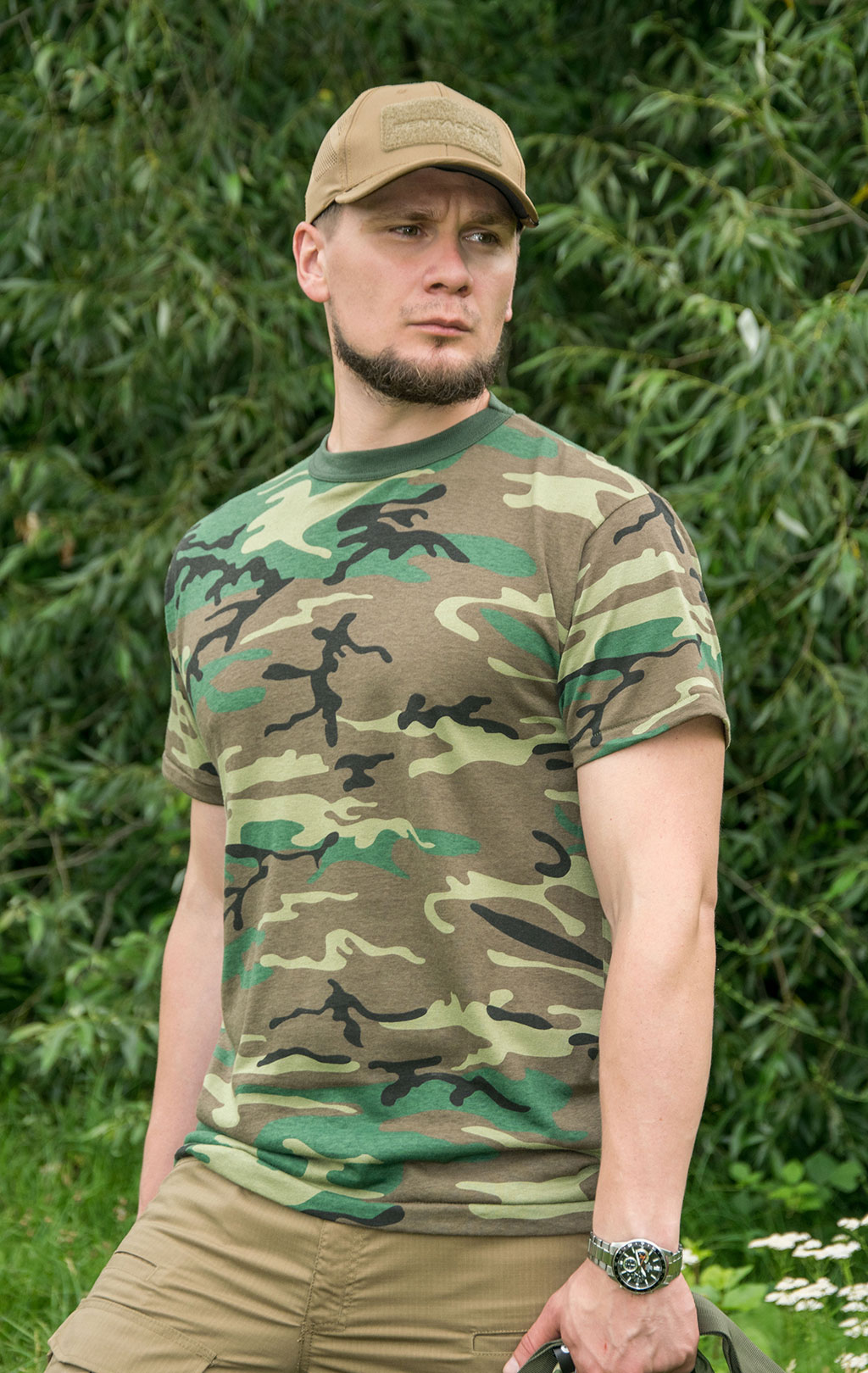 Футболка полевая cotton/poly camo woodland США