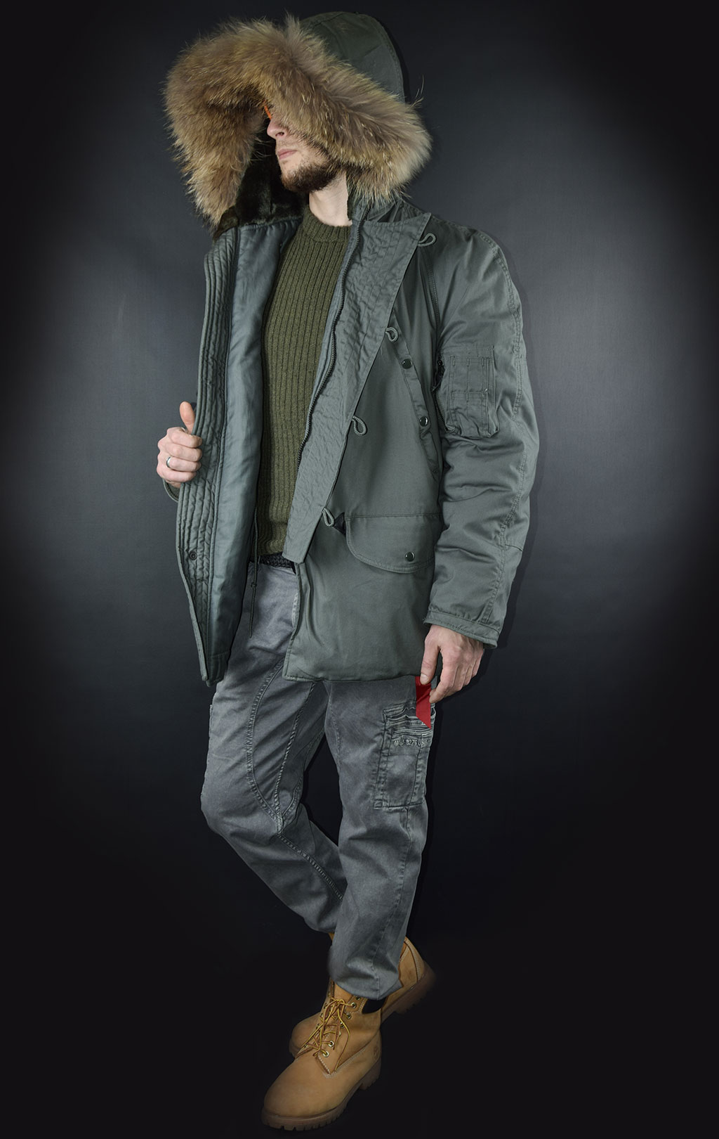 Аляска армейская N-3B CLASSIC экстремального холода натур. мех sage green США