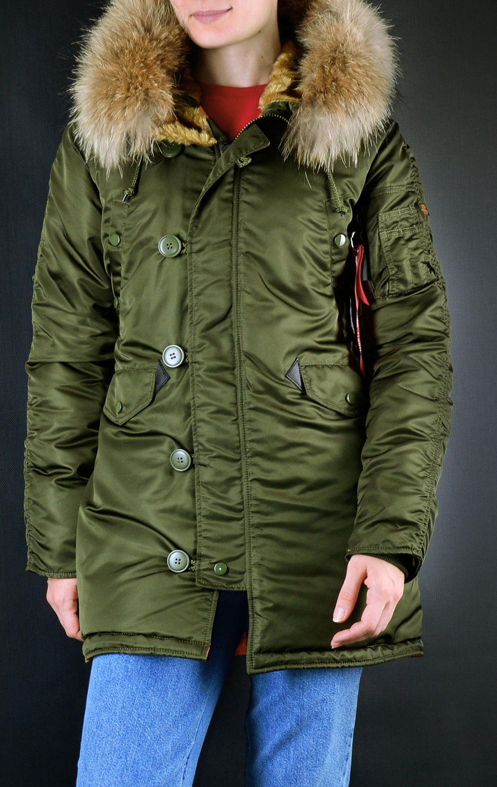 Женская аляска ALPHA INDUSTRIES N-3B VF 59 натур. мех dark green 