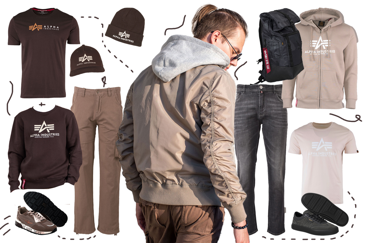 Ветровка-бомбер Alpha Industries TT Hood в цвете Mocha Mousse в сочетании с другими вещами Ветровка-бомбер Alpha Industries TT Hood в цвете Mocha Mousse в сочетании с другими вещами
