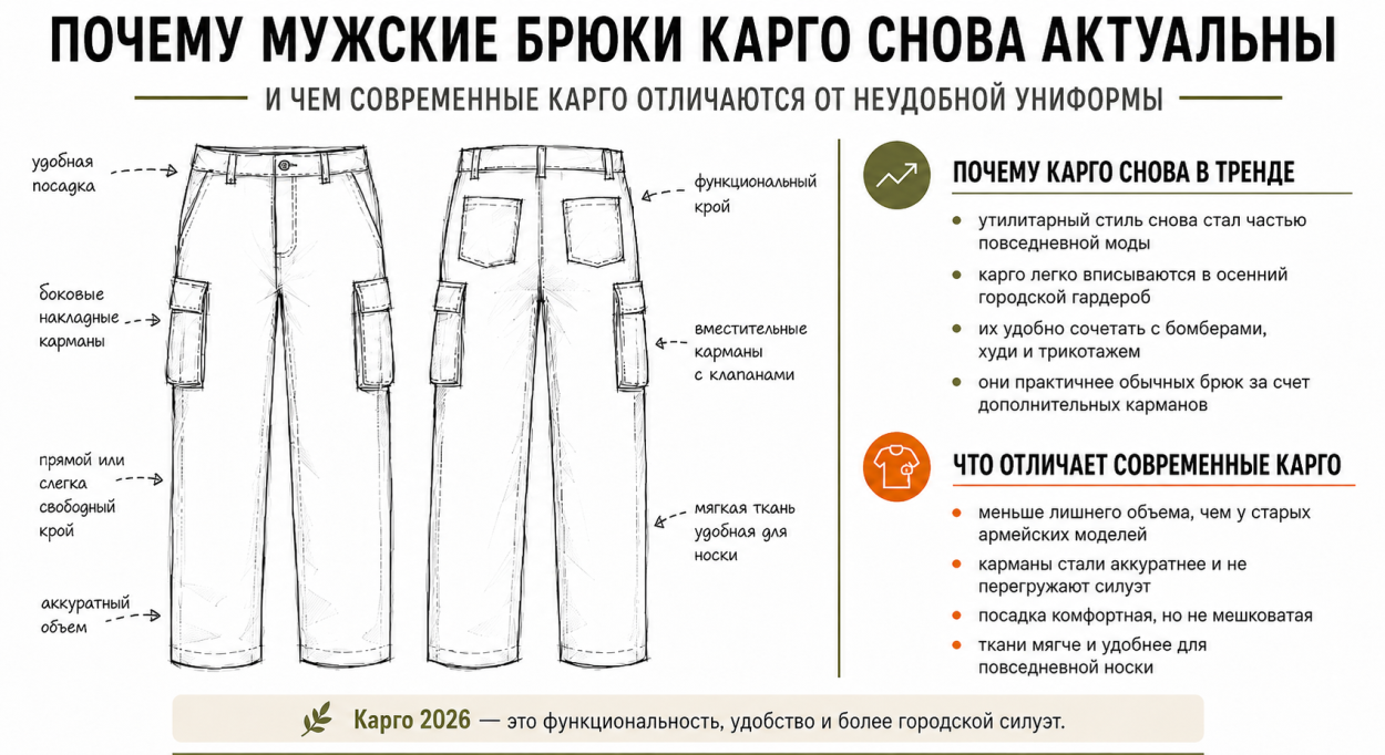 Инфографика по современным брюкам-карго — какие бывают брюки-карго и почему брюки-карго все еще популярны осень 2026