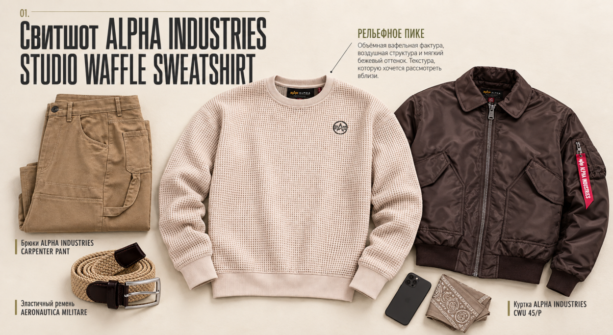 Инфографика: гайд по толстовкам, свитшотам и олимпийкам. Свитшот Alpha Industries STUDIO WAFFLE SWEATSHIRT