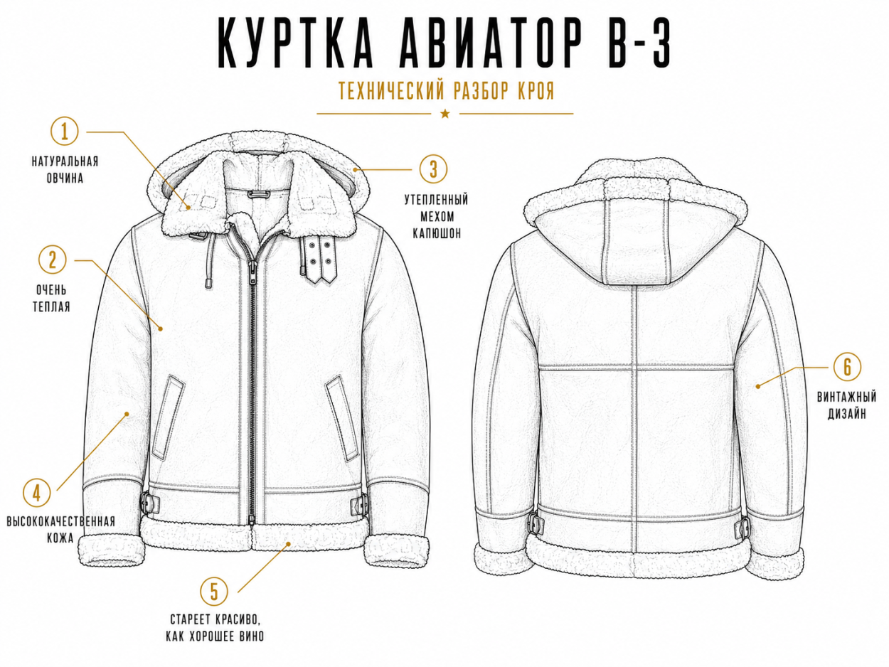 Инфографика — детали кроя куртки-авиатора из овчины. Лучшие мужские куртки на зиму 2026/27