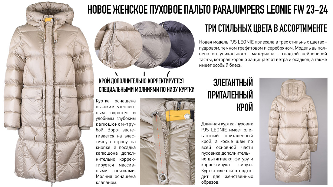 Новое женское пуховое пальто Parajumpers LEONIE. Инфографика по деталям кроя Новое женское пуховое пальто Parajumpers LEONIE. Инфографика по деталям кроя