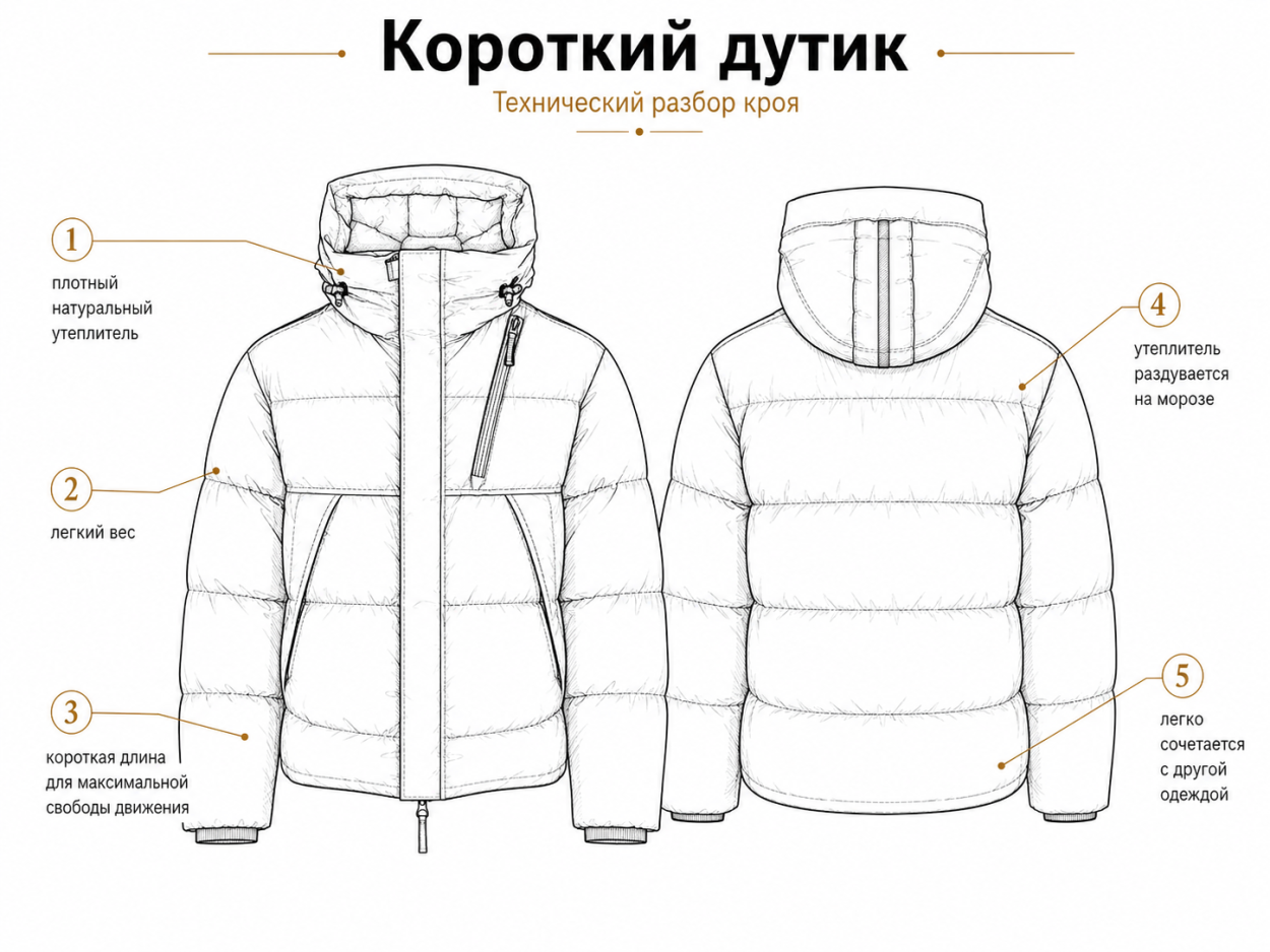Инфографика по крою короткого пухового дутика — Лучшие мужские зимние куртки 2026-2027