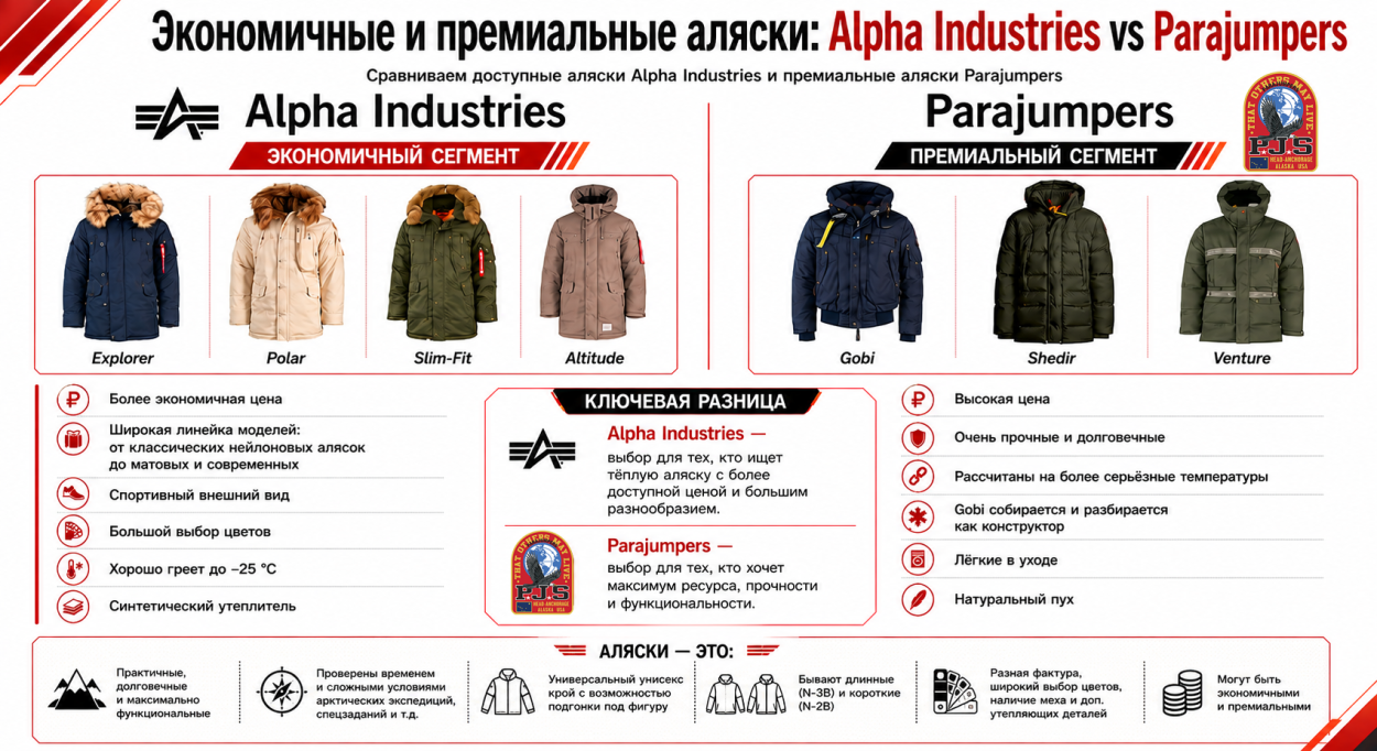Разница между экономичными алясками Альфа и премиальными алясками Parajumpers