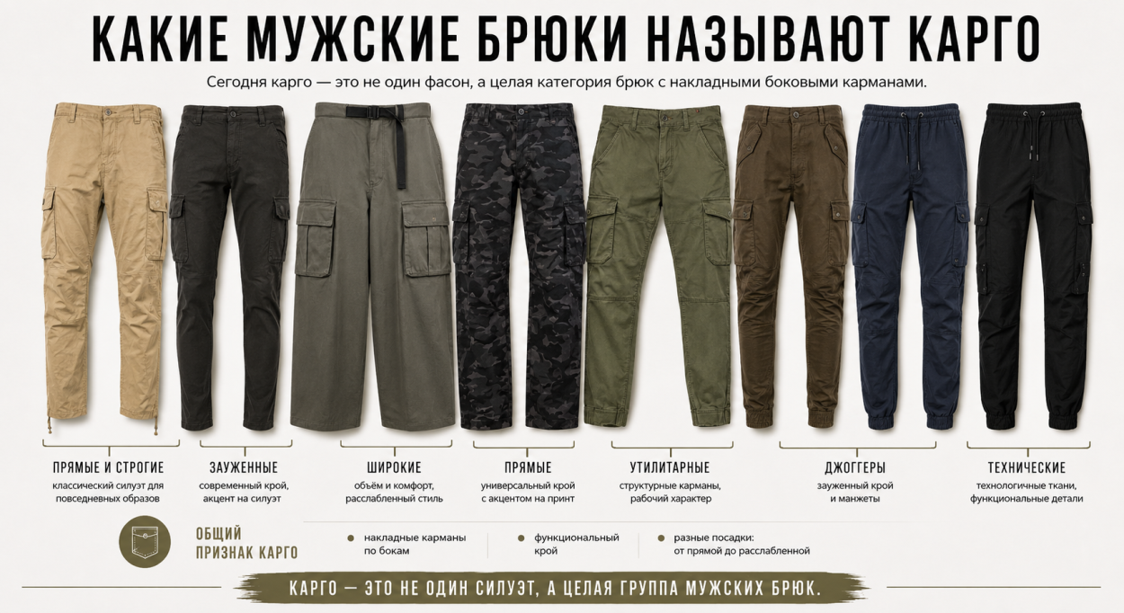 Инфографика по фасонам брюкам-карго — какие брюки называются брюками карго?