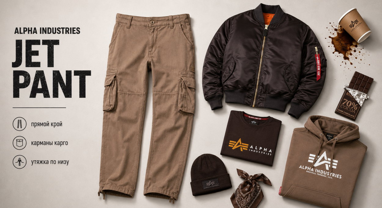 Инфографика по брюкам-карго Alpha Industries JET Pant — с чем носить брюки карго Альфа Индастриз JET