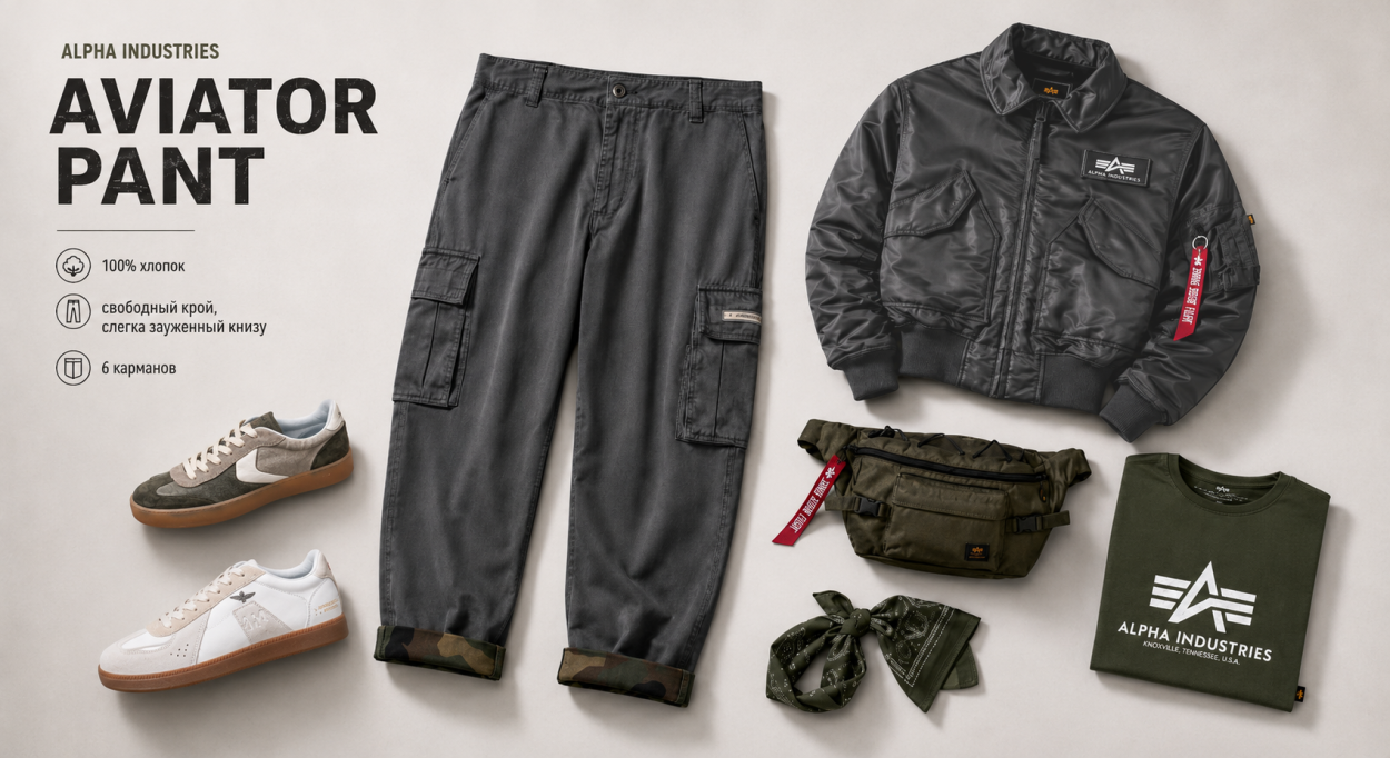 Инфографика по новым брюкам-карго Alpha Industries Aviator Pant — с чем носить новые брюки-карго Альфа Индастриз Авиатор