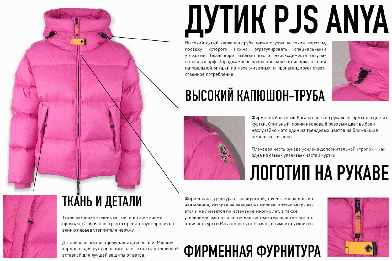 Новый женский короткий дутик Parajumpers ANYA. Инфографика по деталям кроя Новый женский короткий дутик Parajumpers ANYA. Инфографика по деталям кроя