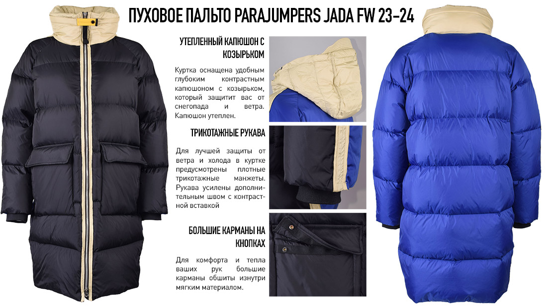 Новое женское пуховое пальто Parajumpers JADA FW 23-24. Инфографика по деталям кроя Новое женское пуховое пальто Parajumpers JADA FW 23-24. Инфографика по деталям кроя