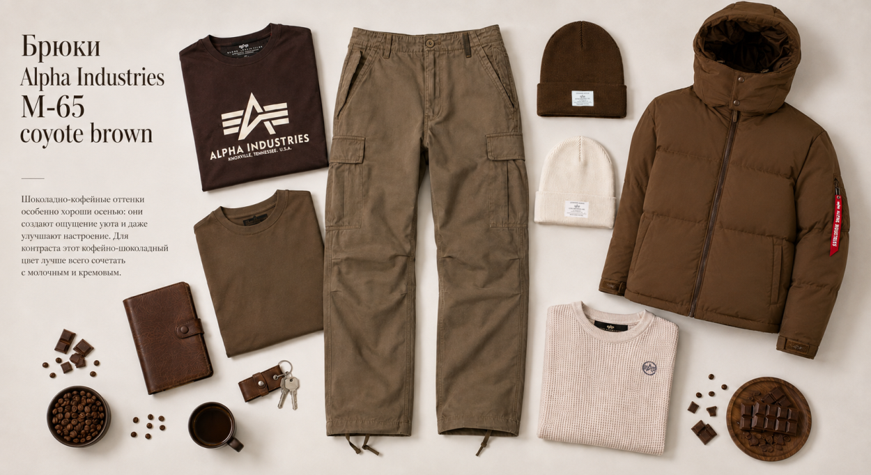 Инфографика по мужским брюкам Alpha Industries M-65 — с чем носить брюки Альфа Индастриз М-65 осень 2026
