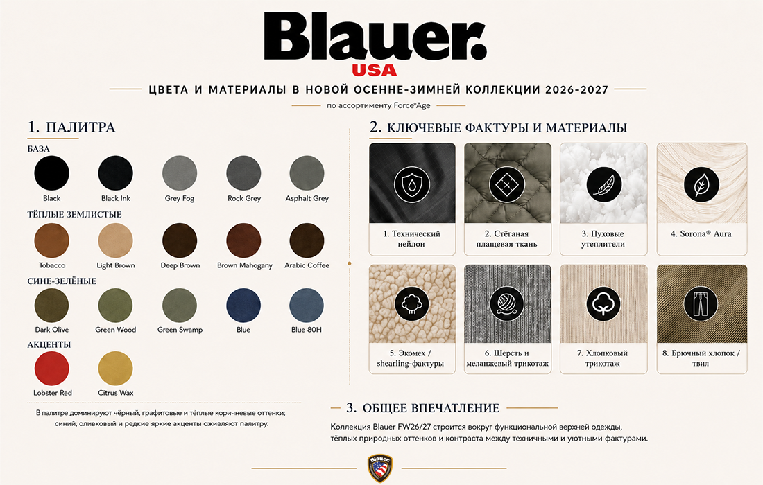 Инфографика Blauer USA — цветовая палитра и фактуры новой осенне-зимней коллекции Blauer USA FW 26/27 Инфографика Blauer USA — цветовая палитра и фактуры новой осенне-зимней коллекции Blauer USA FW 26/27