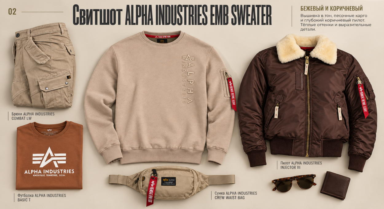 Инфографика: толстовки, свитшоты и олимпийки 2026 — свитшот Alpha Industries EMB Sweater