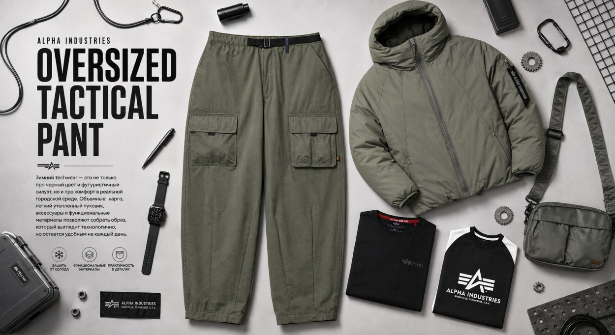 Инфографика по теквир брюкам-карго Alpha Industries Oversized Tactical Pant — с чем носить новые брюки-карго Альфа Индастриз Oversized Tactical Pant