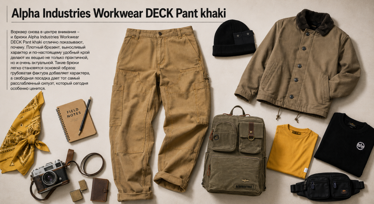 Инфографика по новым ворквер брюкам Альфа DECK Pant — с чем носить новые мужские брюки Alpha Industries DECK Pant