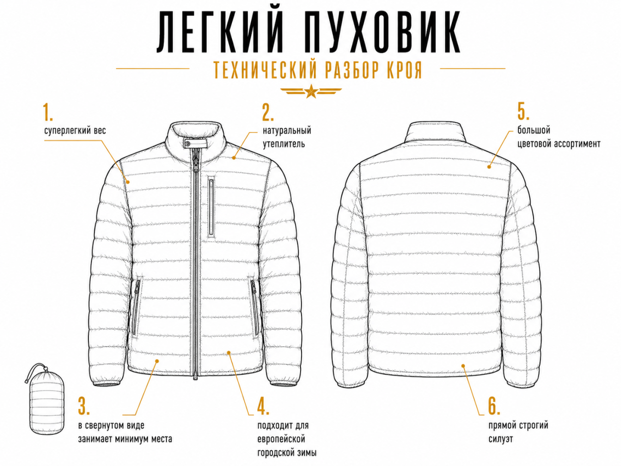 Инфографика — детали кроя легкого пуховика. Лучшие мужские куртки для зимы 2026/27