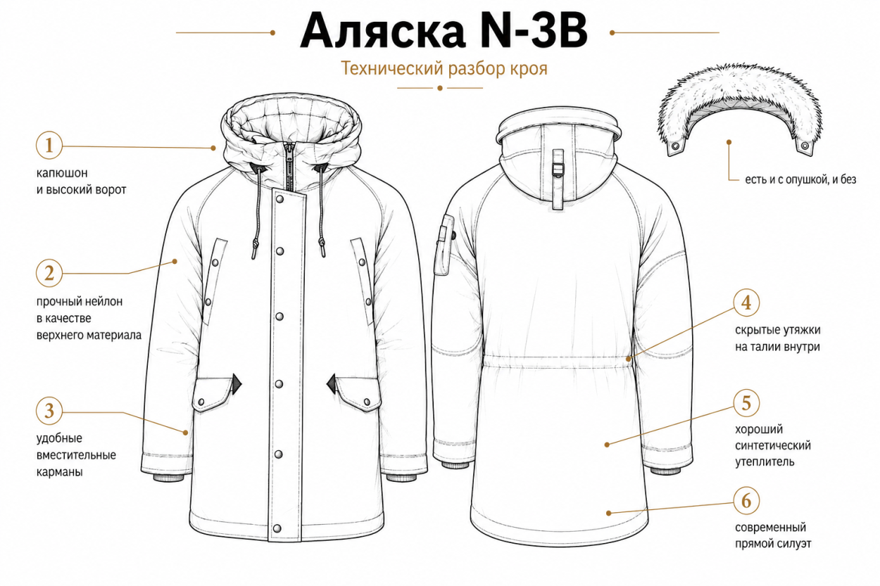 Инфографика — аляска N-3B и детали ее кроя. Почему мужская аляска — лучшая куртка на зиму?