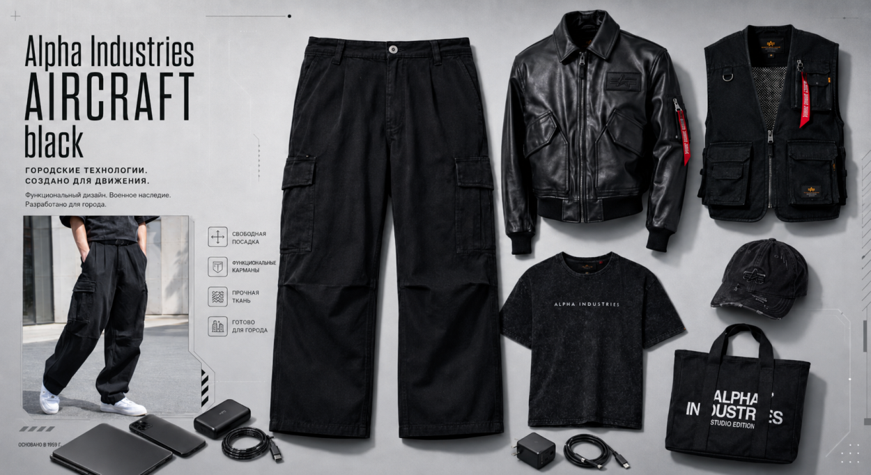 Инфографика про новые городские брюки Alpha Industries Aircraft black — с чем носить новые урбанистичные брюки Альфа Aircraft