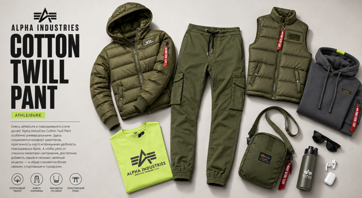 Инфографика по брюкам карго джоггерам Alpha Industries Cotton Twill — с чем носить зеленые брюки карго джоггера Альфа Индастриз Cotton Twill
