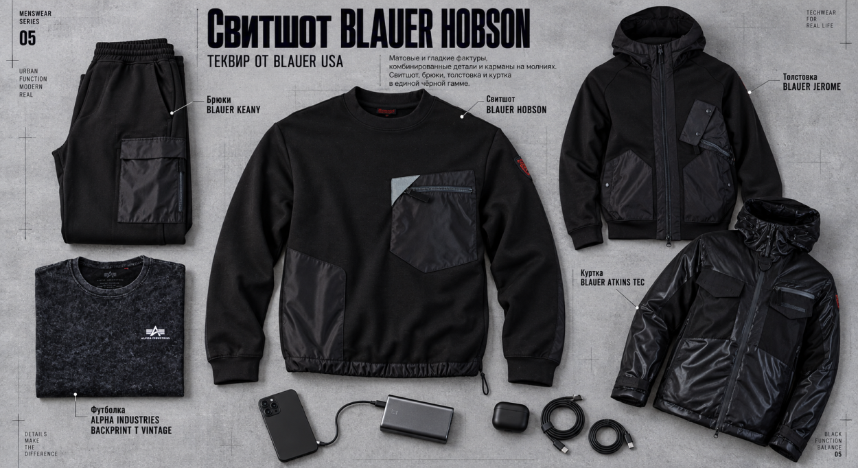 Инфографика: гайд по мужским толстовкам, свитшотам и олимпийкам — свитшот Blauer Hobson и образ в стиле теквирт