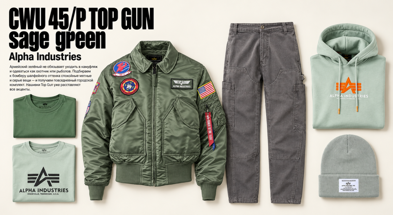 Инфографика 10 - бомбер Alpha Industries CWU 45 Top Gun sage green и с чем его нгосить